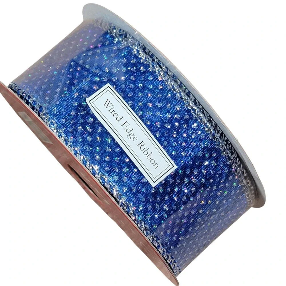Hobby Lobby Blue Silver Polka Dot Wired Ribbon 1.5